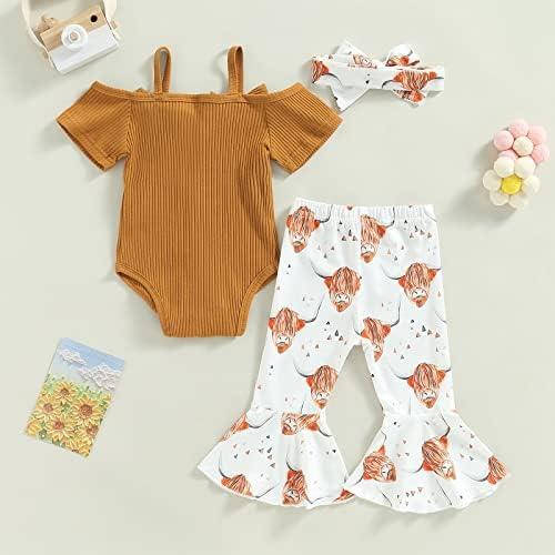 Newborn Baby Girl Clothes Infant Rib Frill Long Sleeve Romper Floral Flared Pants Headband 3pcs Fall Winter Outfits - KevRow5760