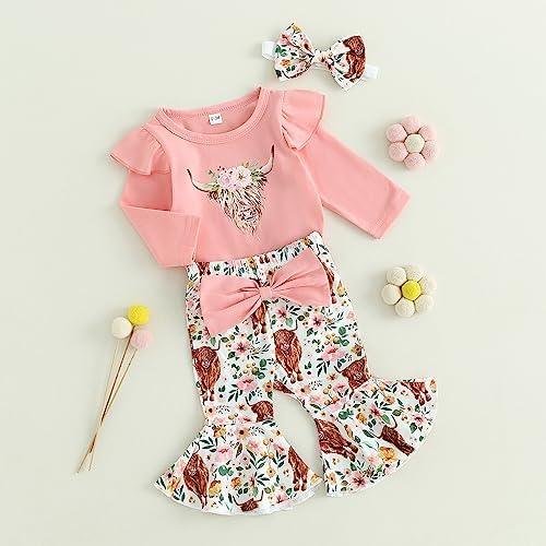 Newborn Baby Girl Clothes Infant Rib Frill Long Sleeve Romper Floral Flared Pants Headband 3pcs Fall Winter Outfits - KevRow5760