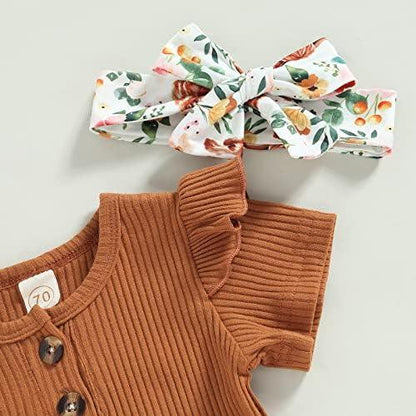 Newborn Baby Girl Clothes Infant Rib Frill Long Sleeve Romper Floral Flared Pants Headband 3pcs Fall Winter Outfits - KevRow5760