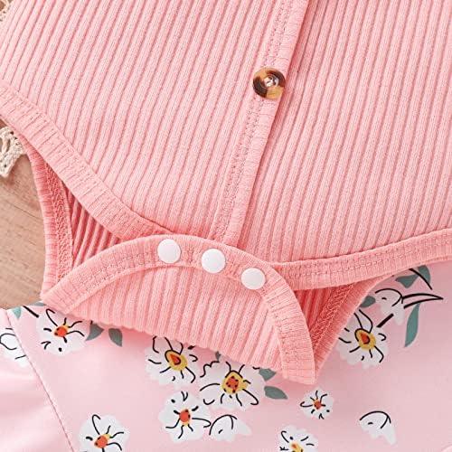 Newborn Baby Girl Clothes Infant Rib Frill Long Sleeve Romper Floral Flared Pants Headband 3pcs Fall Winter Outfits - KevRow5760