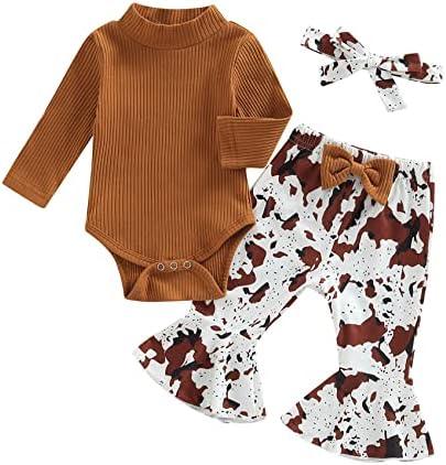 Newborn Baby Girl Clothes Infant Rib Frill Long Sleeve Romper Floral Flared Pants Headband 3pcs Fall Winter Outfits - KevRow5760