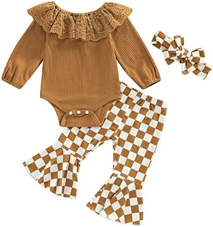 Newborn Baby Girl Clothes Infant Rib Frill Long Sleeve Romper Floral Flared Pants Headband 3pcs Fall Winter Outfits - KevRow5760