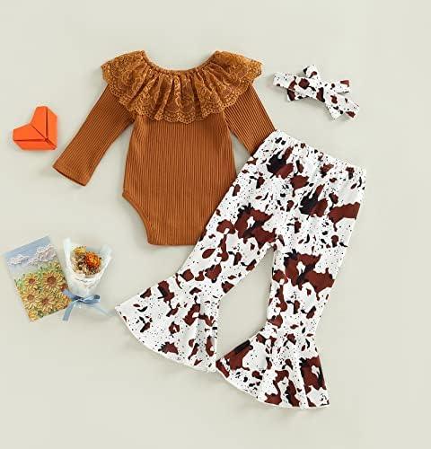 Newborn Baby Girl Clothes Infant Rib Frill Long Sleeve Romper Floral Flared Pants Headband 3pcs Fall Winter Outfits - KevRow5760