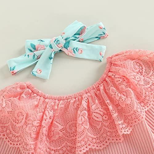 Newborn Baby Girl Clothes Infant Rib Frill Long Sleeve Romper Floral Flared Pants Headband 3pcs Fall Winter Outfits - KevRow5760