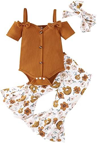 Newborn Baby Girl Clothes Infant Rib Frill Long Sleeve Romper Floral Flared Pants Headband 3pcs Fall Winter Outfits - KevRow5760