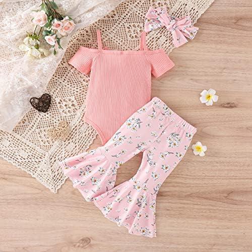 Newborn Baby Girl Clothes Infant Rib Frill Long Sleeve Romper Floral Flared Pants Headband 3pcs Fall Winter Outfits - KevRow5760