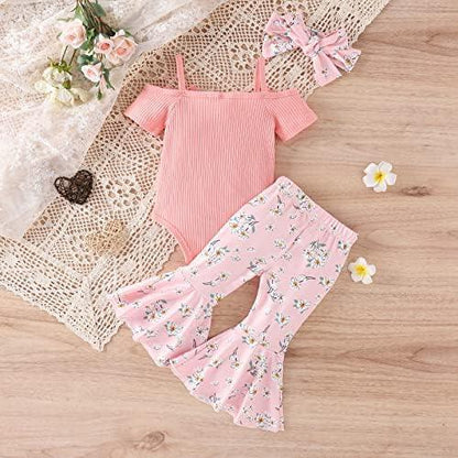 Newborn Baby Girl Clothes Infant Rib Frill Long Sleeve Romper Floral Flared Pants Headband 3pcs Fall Winter Outfits - KevRow5760