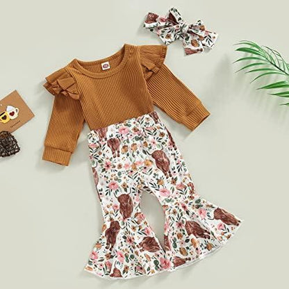 Newborn Baby Girl Clothes Infant Rib Frill Long Sleeve Romper Floral Flared Pants Headband 3pcs Fall Winter Outfits - KevRow5760