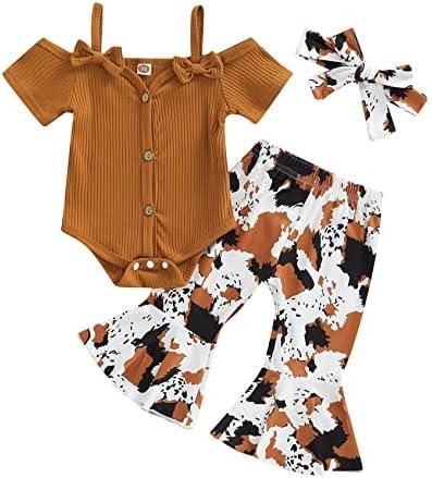 Newborn Baby Girl Clothes Infant Rib Frill Long Sleeve Romper Floral Flared Pants Headband 3pcs Fall Winter Outfits - KevRow5760