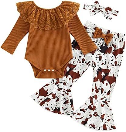 Newborn Baby Girl Clothes Infant Rib Frill Long Sleeve Romper Floral Flared Pants Headband 3pcs Fall Winter Outfits - KevRow5760