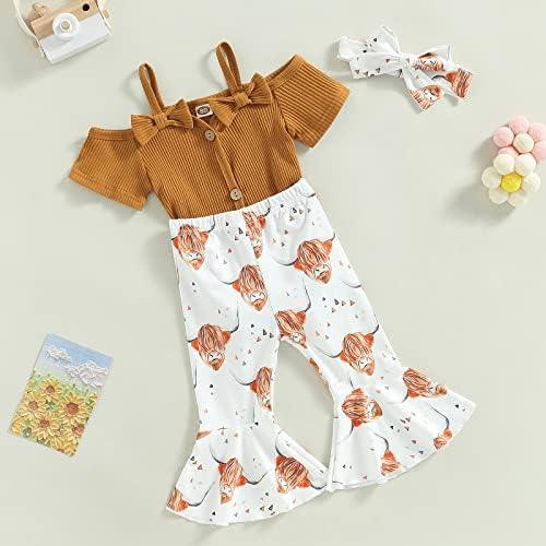 Newborn Baby Girl Clothes Infant Rib Frill Long Sleeve Romper Floral Flared Pants Headband 3pcs Fall Winter Outfits - KevRow5760