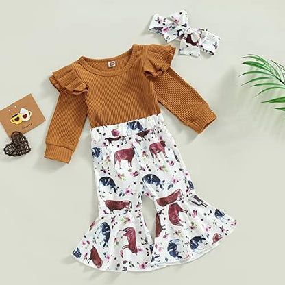 Newborn Baby Girl Clothes Infant Rib Frill Long Sleeve Romper Floral Flared Pants Headband 3pcs Fall Winter Outfits - KevRow5760