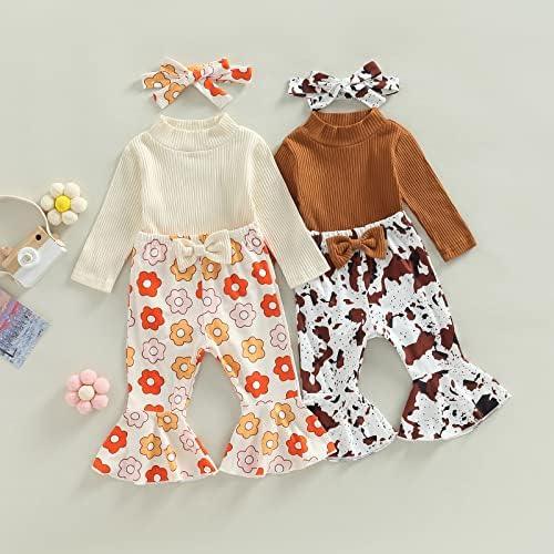 Newborn Baby Girl Clothes Infant Rib Frill Long Sleeve Romper Floral Flared Pants Headband 3pcs Fall Winter Outfits - KevRow5760