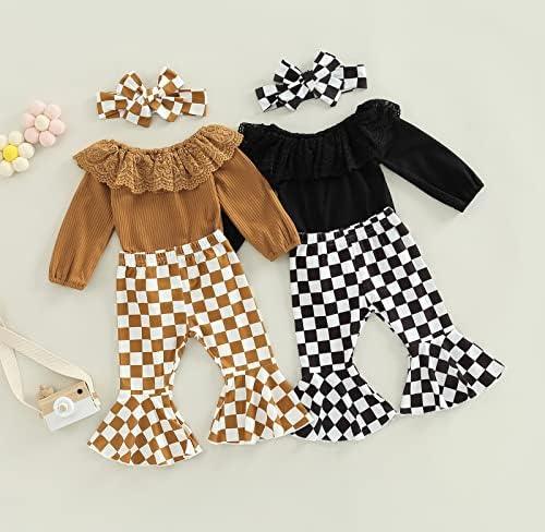 Newborn Baby Girl Clothes Infant Rib Frill Long Sleeve Romper Floral Flared Pants Headband 3pcs Fall Winter Outfits - KevRow5760