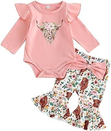 Newborn Baby Girl Clothes Infant Rib Frill Long Sleeve Romper Floral Flared Pants Headband 3pcs Fall Winter Outfits - KevRow5760