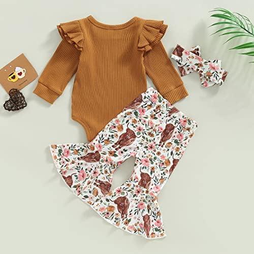 Newborn Baby Girl Clothes Infant Rib Frill Long Sleeve Romper Floral Flared Pants Headband 3pcs Fall Winter Outfits - KevRow5760