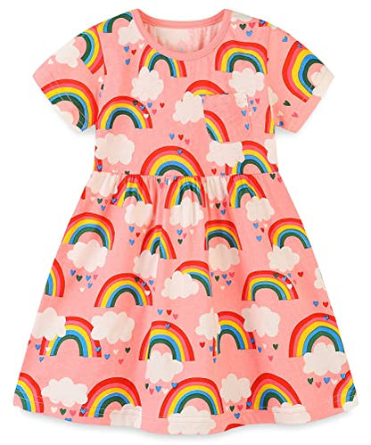 Bumeex Toddler Girl Clothes Cotton Casual Cartoon Print Short Sleeve Dress Girls Sundress 1-7 Years