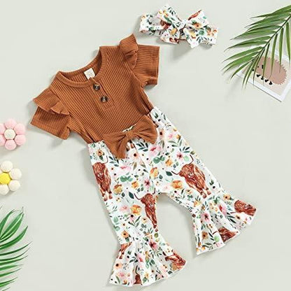 Newborn Baby Girl Clothes Infant Rib Frill Long Sleeve Romper Floral Flared Pants Headband 3pcs Fall Winter Outfits - KevRow5760