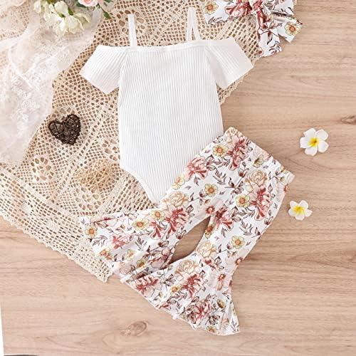 Newborn Baby Girl Clothes Infant Rib Frill Long Sleeve Romper Floral Flared Pants Headband 3pcs Fall Winter Outfits - KevRow5760