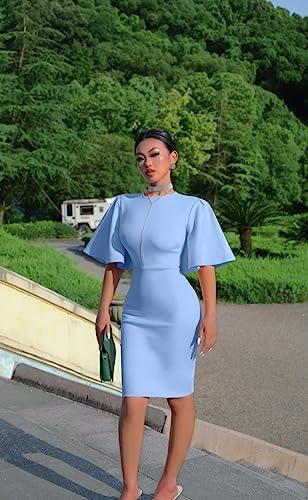 Memoriesea Women&#39;s Basic Bodycon Ruffle Flared Short Sleeve Pencil Midi Dress - KevRow5760