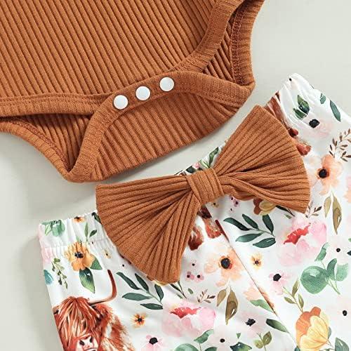 Newborn Baby Girl Clothes Infant Rib Frill Long Sleeve Romper Floral Flared Pants Headband 3pcs Fall Winter Outfits - KevRow5760