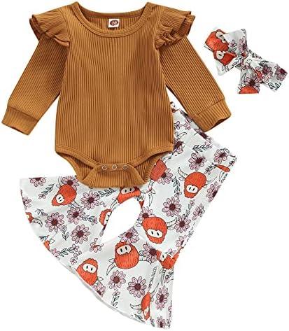 Newborn Baby Girl Clothes Infant Rib Frill Long Sleeve Romper Floral Flared Pants Headband 3pcs Fall Winter Outfits - KevRow5760