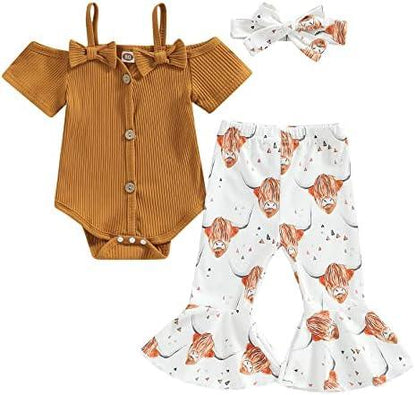 Newborn Baby Girl Clothes Infant Rib Frill Long Sleeve Romper Floral Flared Pants Headband 3pcs Fall Winter Outfits - KevRow5760