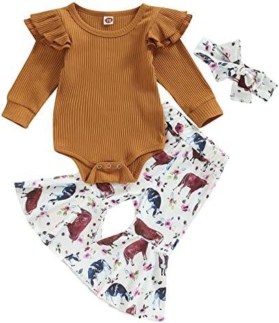 Newborn Baby Girl Clothes Infant Rib Frill Long Sleeve Romper Floral Flared Pants Headband 3pcs Fall Winter Outfits - KevRow5760