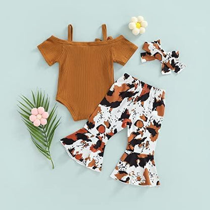 Newborn Baby Girl Clothes Infant Rib Frill Long Sleeve Romper Floral Flared Pants Headband 3pcs Fall Winter Outfits - KevRow5760