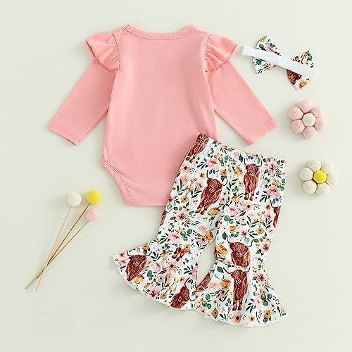 Newborn Baby Girl Clothes Infant Rib Frill Long Sleeve Romper Floral Flared Pants Headband 3pcs Fall Winter Outfits - KevRow5760