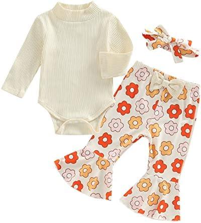 Newborn Baby Girl Clothes Infant Rib Frill Long Sleeve Romper Floral Flared Pants Headband 3pcs Fall Winter Outfits - KevRow5760