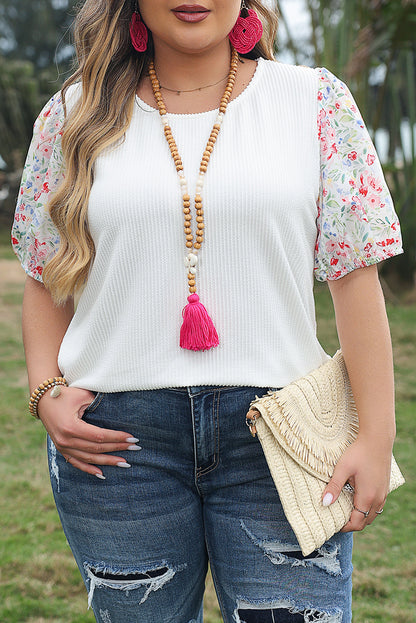 White Contrast Floral Puff Sleeve Ribbed Knit Plus Size Blouse