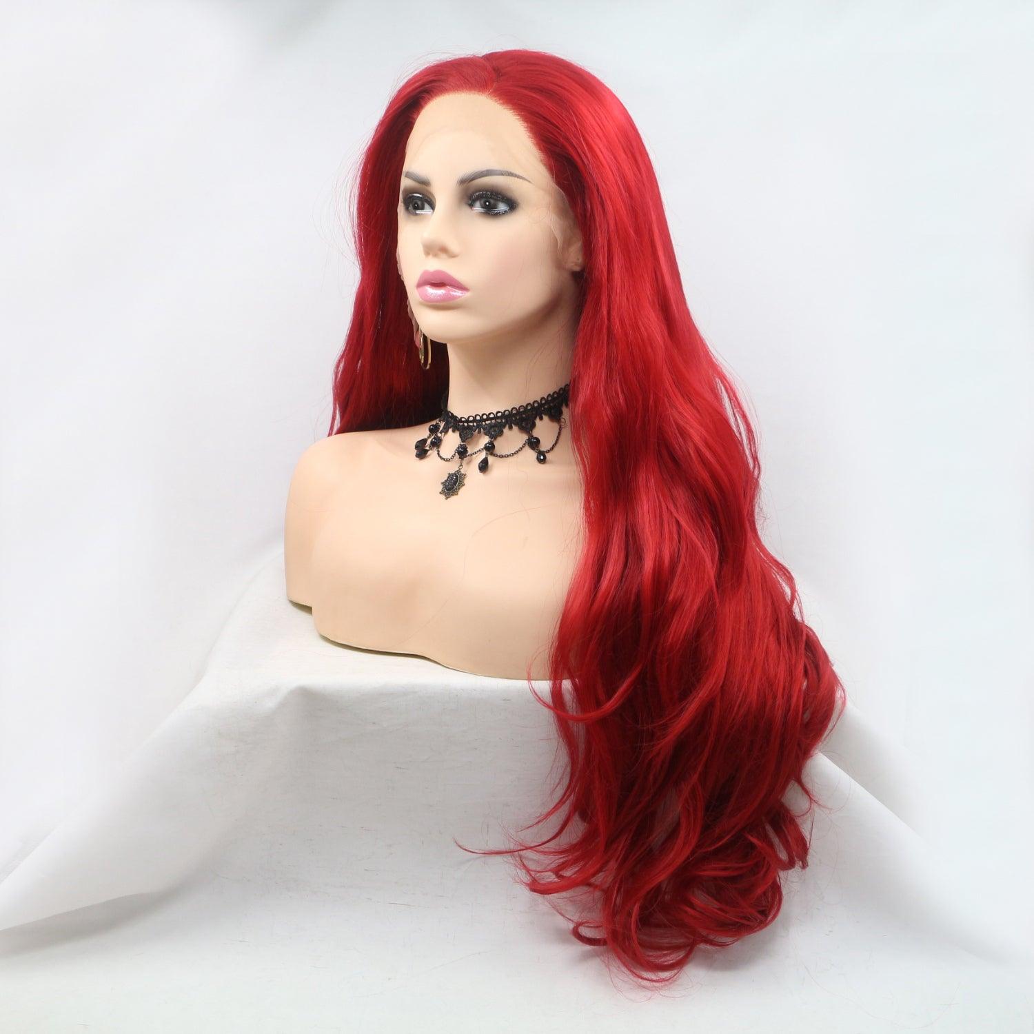 Long, wavy red wig with lace front design featuring 130% density for full, voluminous appearance.