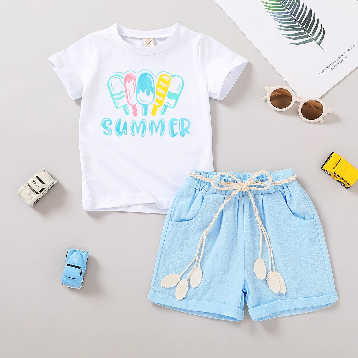 YOUNGER TREE Toddler Baby Girls Clothes Watermelon T-shirt + Linen Shorts with Belt Cute Summer Short Set