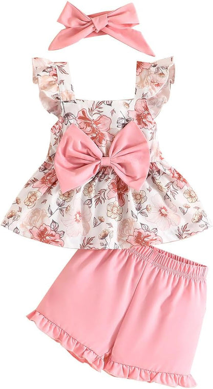 YOUNGER TREE Toddler Baby Girl Clothes Sleeveless Ruffle Bowknot Dress Top Shorts Set Summer Outfits for Little Kids Girls