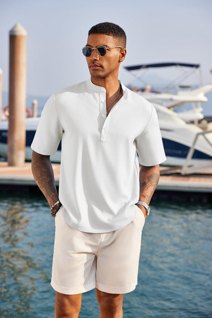 COOFANDY Men's Casual Henley Shirt Short Sleeve Band Collar Linen Shirt Summer Beach Hippie T-Shirts