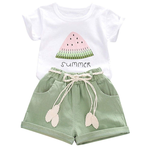 YOUNGER TREE Toddler Baby Girls Clothes Watermelon T-shirt + Linen Shorts with Belt Cute Summer Short Set