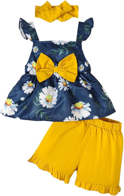 YOUNGER TREE Toddler Baby Girl Clothes Sleeveless Ruffle Bowknot Dress Top Shorts Set Summer Outfits for Little Kids Girls