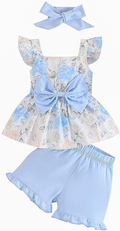 YOUNGER TREE Toddler Baby Girl Clothes Sleeveless Ruffle Bowknot Dress Top Shorts Set Summer Outfits for Little Kids Girls