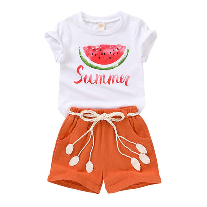 YOUNGER TREE Toddler Baby Girls Clothes Watermelon T-shirt + Linen Shorts with Belt Cute Summer Short Set