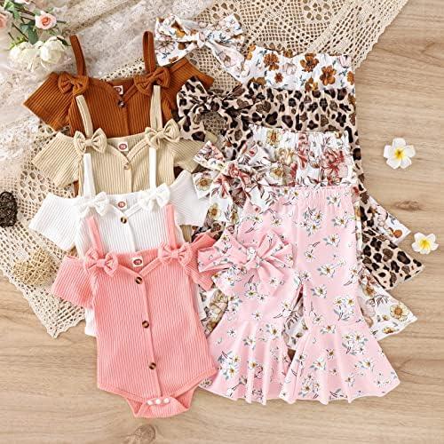 Newborn Baby Girl Clothes Infant Rib Frill Long Sleeve Romper Floral Flared Pants Headband 3pcs Fall Winter Outfits - KevRow5760