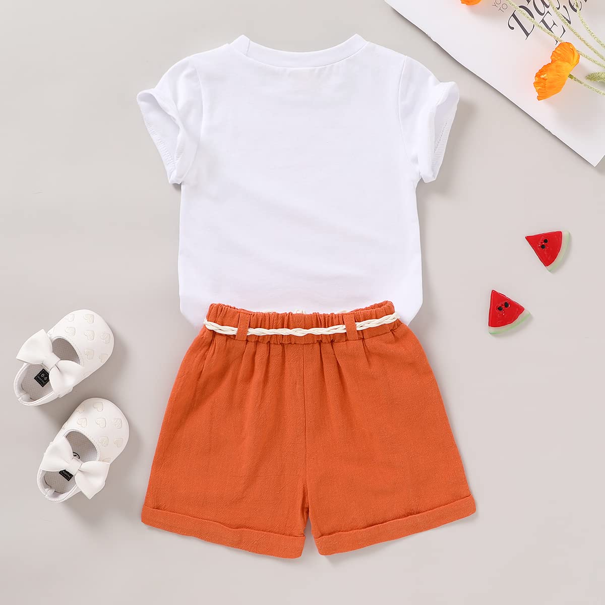 YOUNGER TREE Toddler Baby Girls Clothes Watermelon T-shirt + Linen Shorts with Belt Cute Summer Short Set