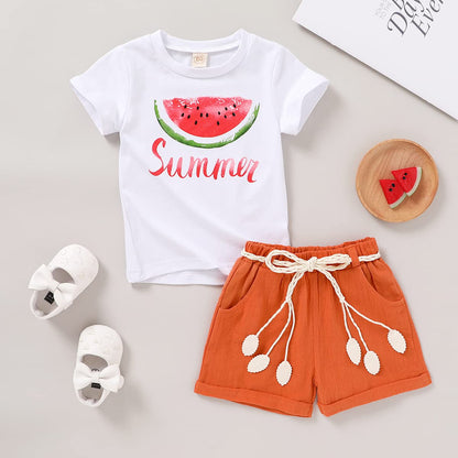 YOUNGER TREE Toddler Baby Girls Clothes Watermelon T-shirt + Linen Shorts with Belt Cute Summer Short Set