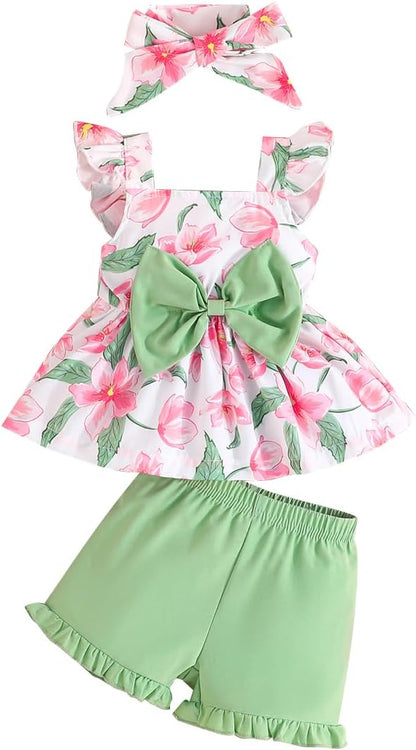 YOUNGER TREE Toddler Baby Girl Clothes Sleeveless Ruffle Bowknot Dress Top Shorts Set Summer Outfits for Little Kids Girls