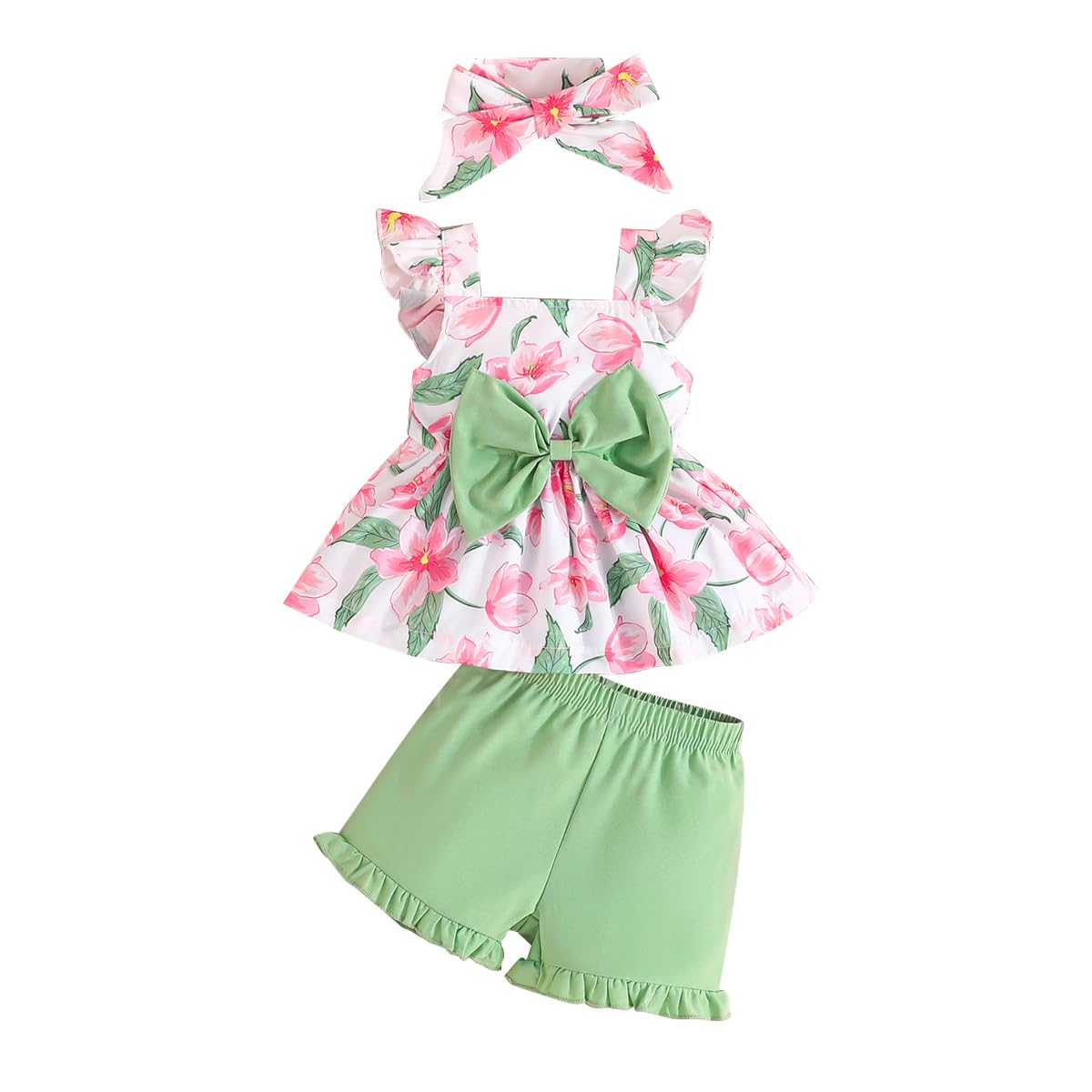 YOUNGER TREE Toddler Baby Girl Clothes Sleeveless Ruffle Bowknot Dress Top Shorts Set Summer Outfits for Little Kids Girls