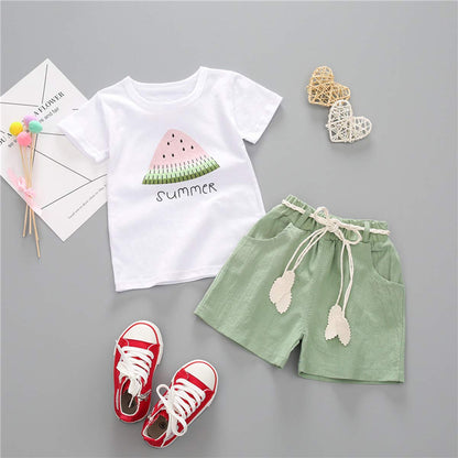 YOUNGER TREE Toddler Baby Girls Clothes Watermelon T-shirt + Linen Shorts with Belt Cute Summer Short Set