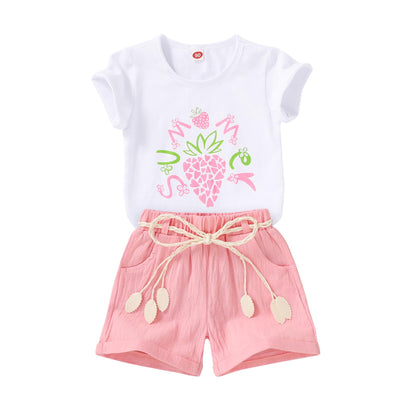 YOUNGER TREE Toddler Baby Girls Clothes Watermelon T-shirt + Linen Shorts with Belt Cute Summer Short Set