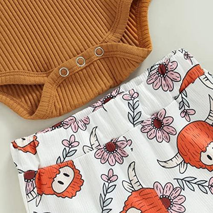 Newborn Baby Girl Clothes Infant Rib Frill Long Sleeve Romper Floral Flared Pants Headband 3pcs Fall Winter Outfits - KevRow5760