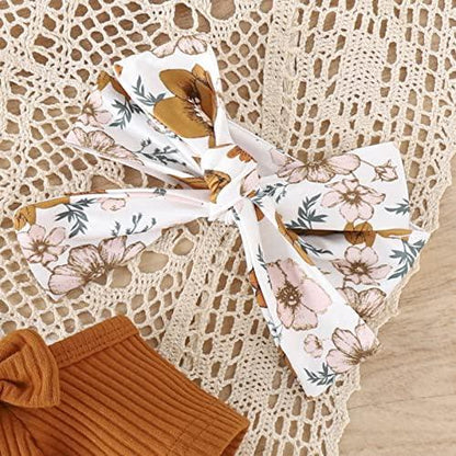 Newborn Baby Girl Clothes Infant Rib Frill Long Sleeve Romper Floral Flared Pants Headband 3pcs Fall Winter Outfits - KevRow5760