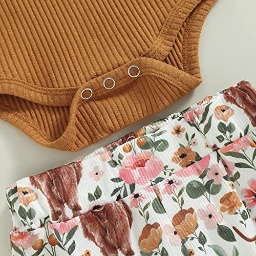 Newborn Baby Girl Clothes Infant Rib Frill Long Sleeve Romper Floral Flared Pants Headband 3pcs Fall Winter Outfits - KevRow5760